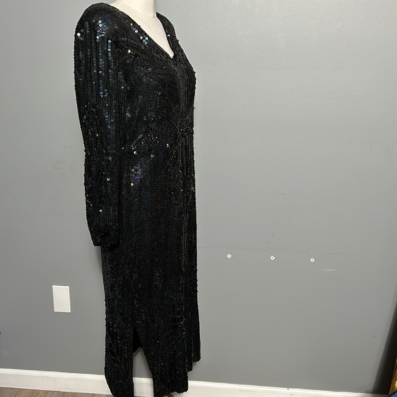 Vintage Silk Sequeen Black Midi Dress with Silk Lining w Slit Made in India M- L - Picture 5 of 17